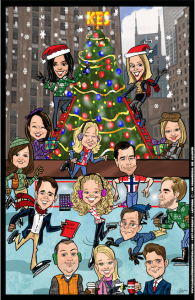 Caricature of group of people ice skating