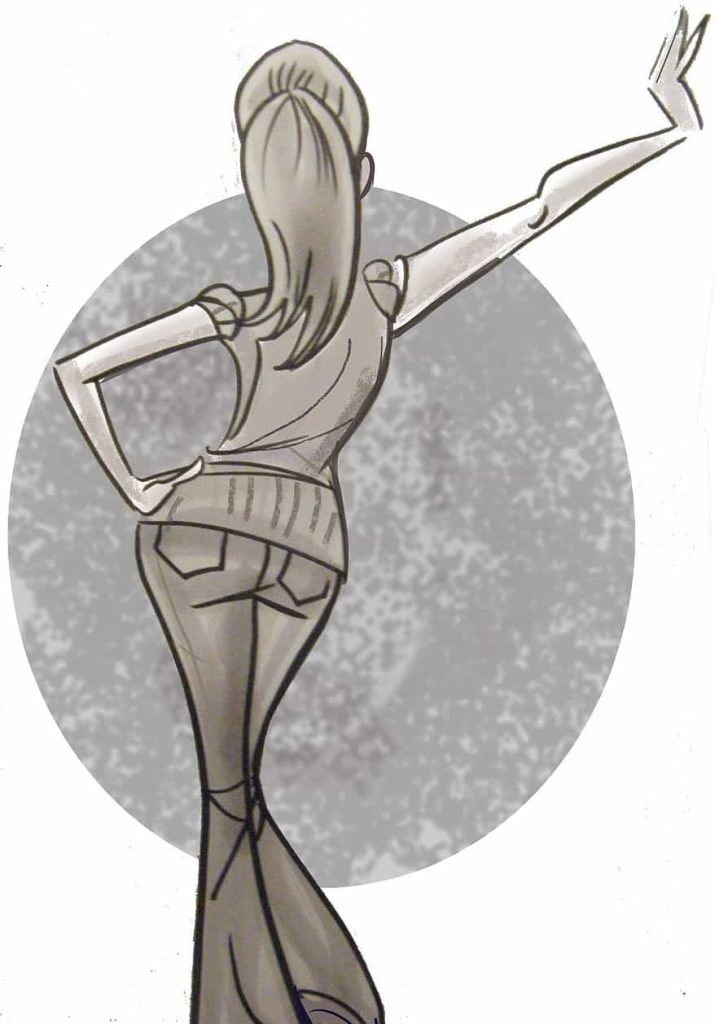 cartoon sketch of woman from behind