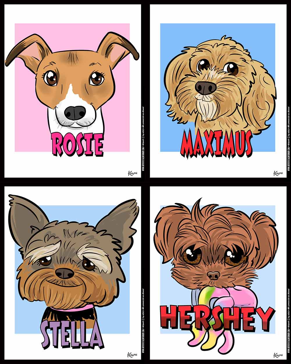 four digital cartoon sketches of dogs