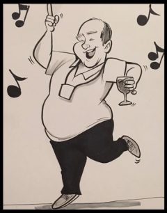 Drawing of man dancing and drinking at a party