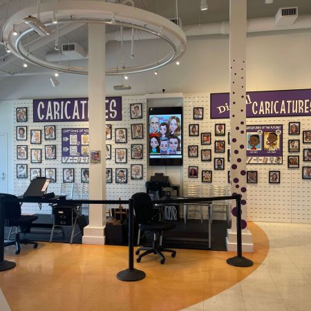 wall of caricature drawings